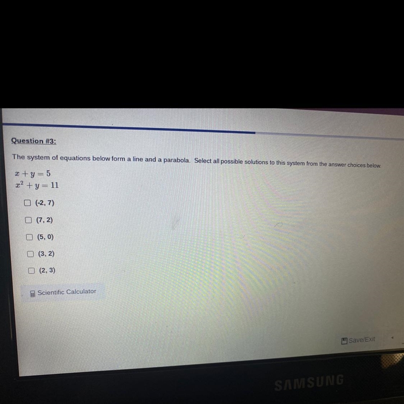 Question #3:The system of equations below form a line and a parabola. Select all possible-example-1