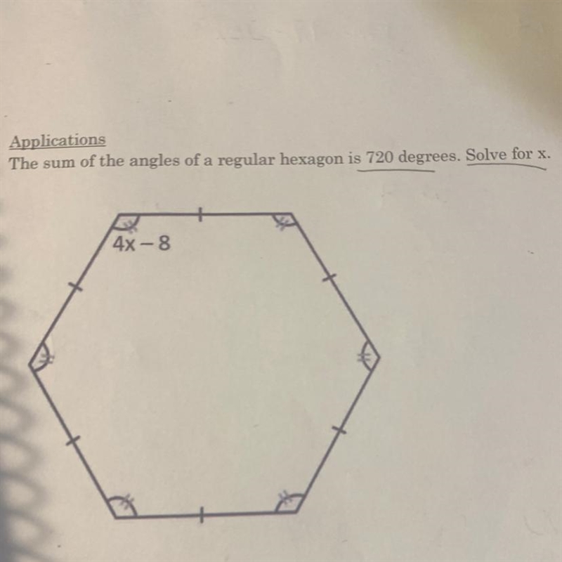 The sum of the angles of a regular hexagon is 720 degrees. Solve for x-example-1