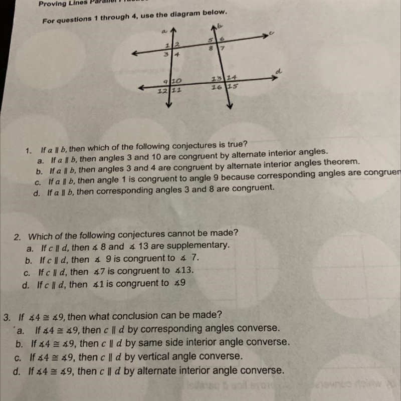 For questions 1 through 4, use the diagram below.q1O12 11131416 1.51.a.If a || b, then-example-1