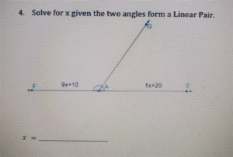 Solve for x given the two angles form a Linear Pair.-example-1