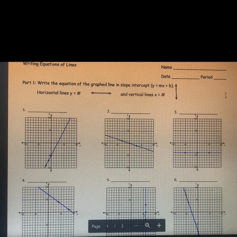 Part 1: Write the equation of the graphed line in slope intercept (y= mx + b).-example-1