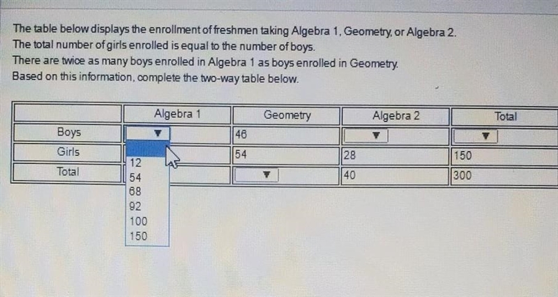 the table below displays enrollment of freshman taking Algebra 1 geometry or algebra-example-1