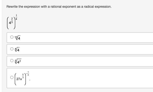 Rewrite the expression with a rational exponent as a radical expression. four to the-example-1