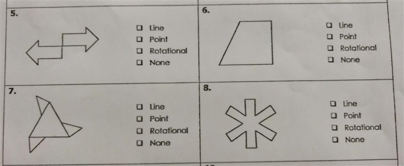 NO LINKS!! Determine if the figures have line, point, and/or rotational symmetry. Check-example-1