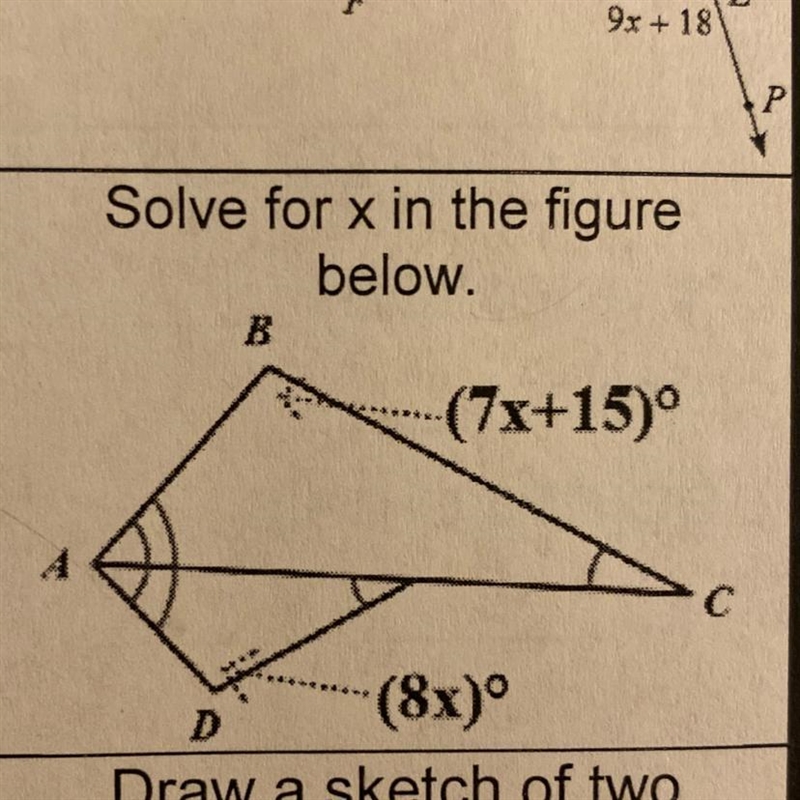 Solve for x in the figure below. B (7x+15)° (8x)º D-example-1