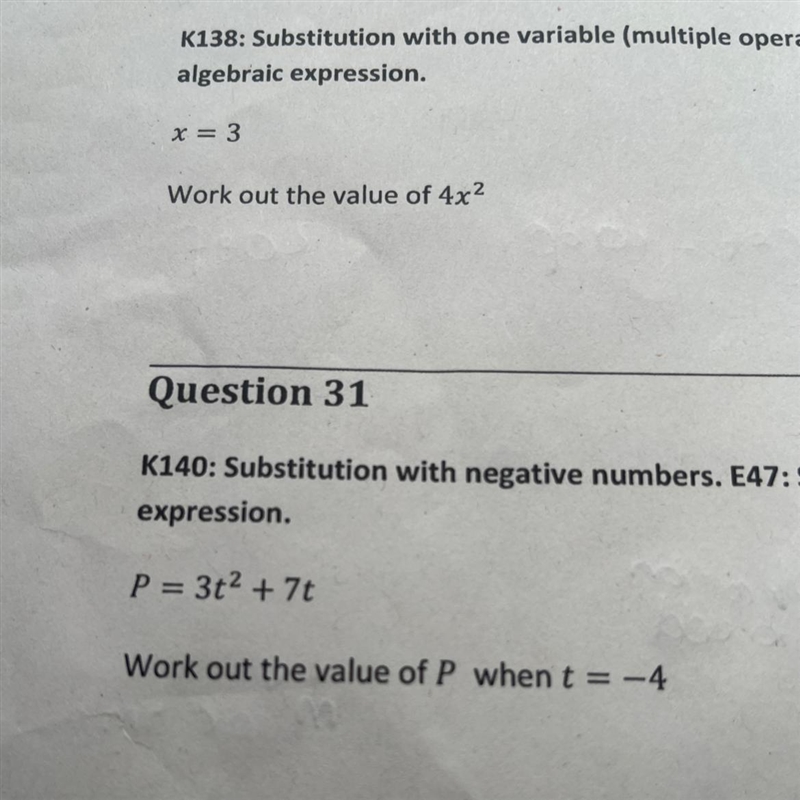 P = 3t² + 7t Work out the value of P when t = -4-example-1