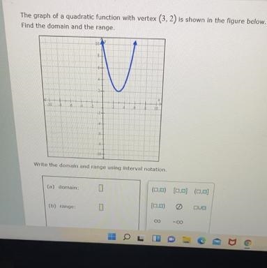 The graph of a quadratic function with vertex (3,2) is shown in the figure below. Write-example-1