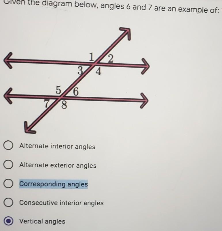 given the diagram below, angle 6 and 7 are an example of a.alternative interior angle-example-1