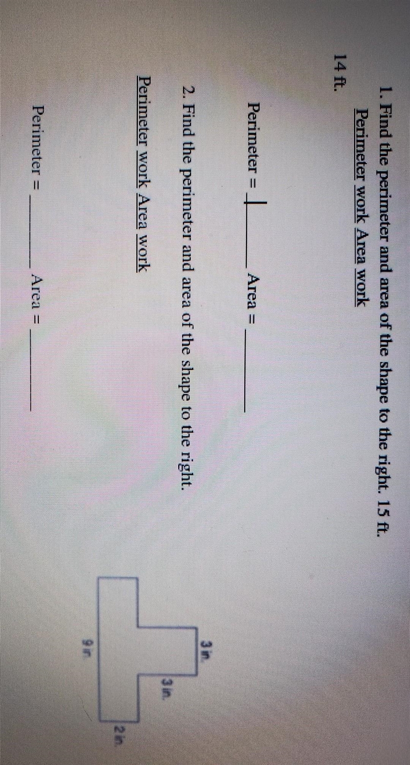 I need the questions on the screen solved, thank you. 1. Perimeter =_______ Area=________2. Find-example-1