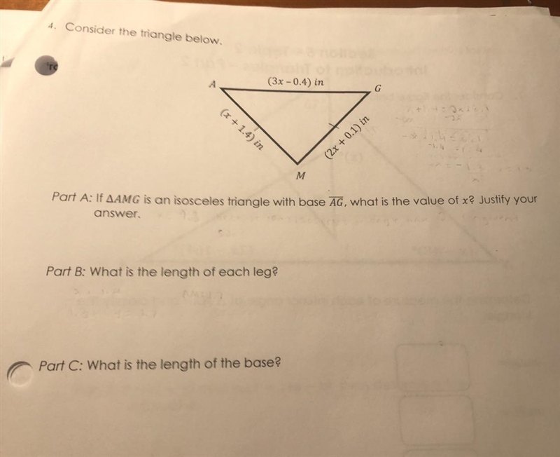 Consider the triangle below.Part A: If AMG is an isosceles triangle with base AG, what-example-1