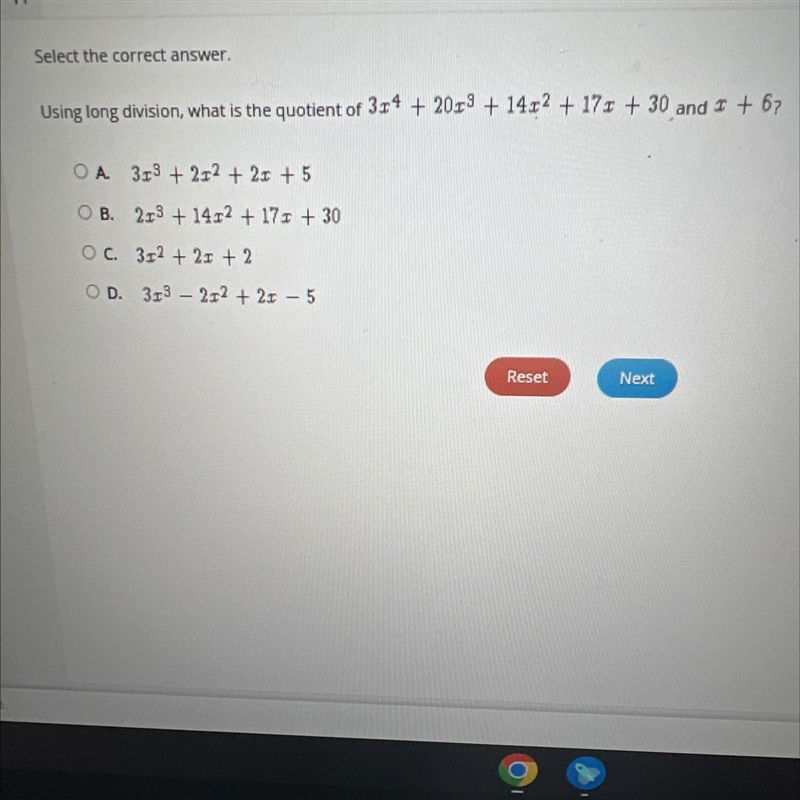 Select the correct answer.Using long division, what is the quotient of 3r4 + 2023 + 1422 + 17= + 30 and-example-1