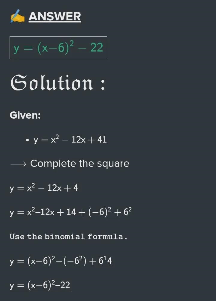 Write in vertex form.y = x^2-12x+4check the attached image if correct or incorrect-example-1