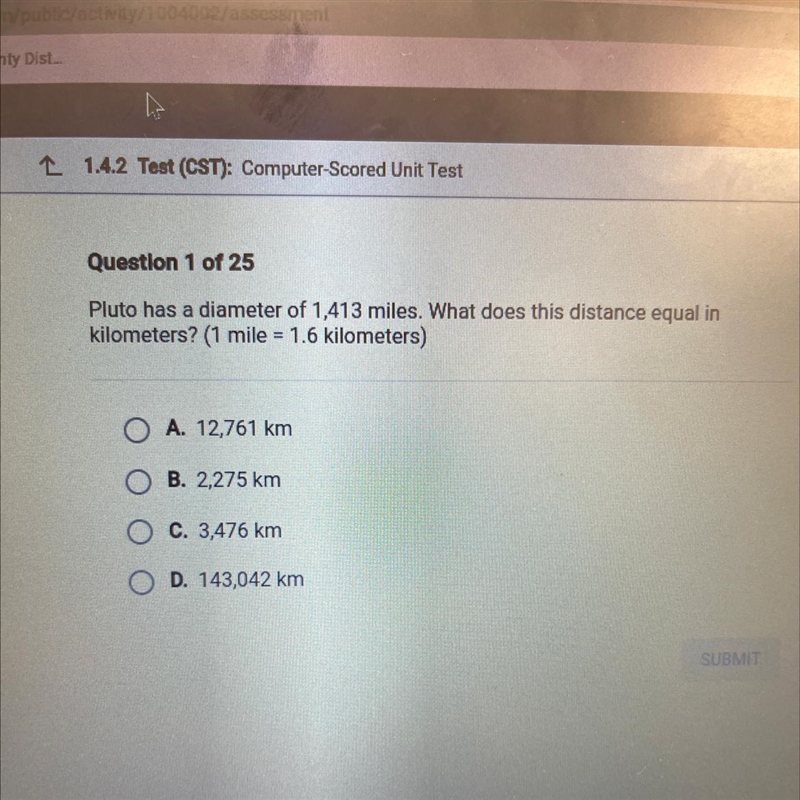 Pluto has a diameter of 1,413 miles. What does this distance equal in kilometers? (1 mile-example-1