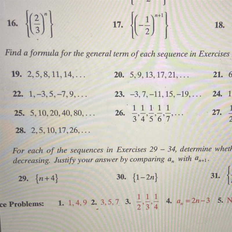 Question 19.Find a formula for the general term of each sequence in exercises?-example-1