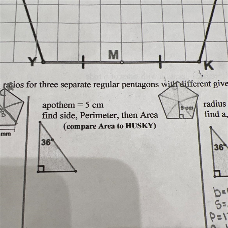 Set up trigonometric ratios for three separate regular pentagons with different givens-example-1