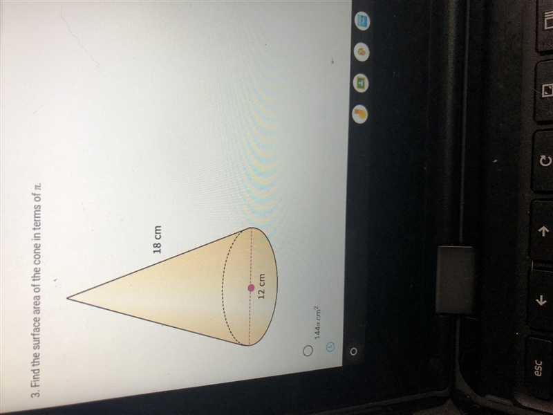 Find the surface area of the cone in terms of pie 18 height 12 radius-example-1