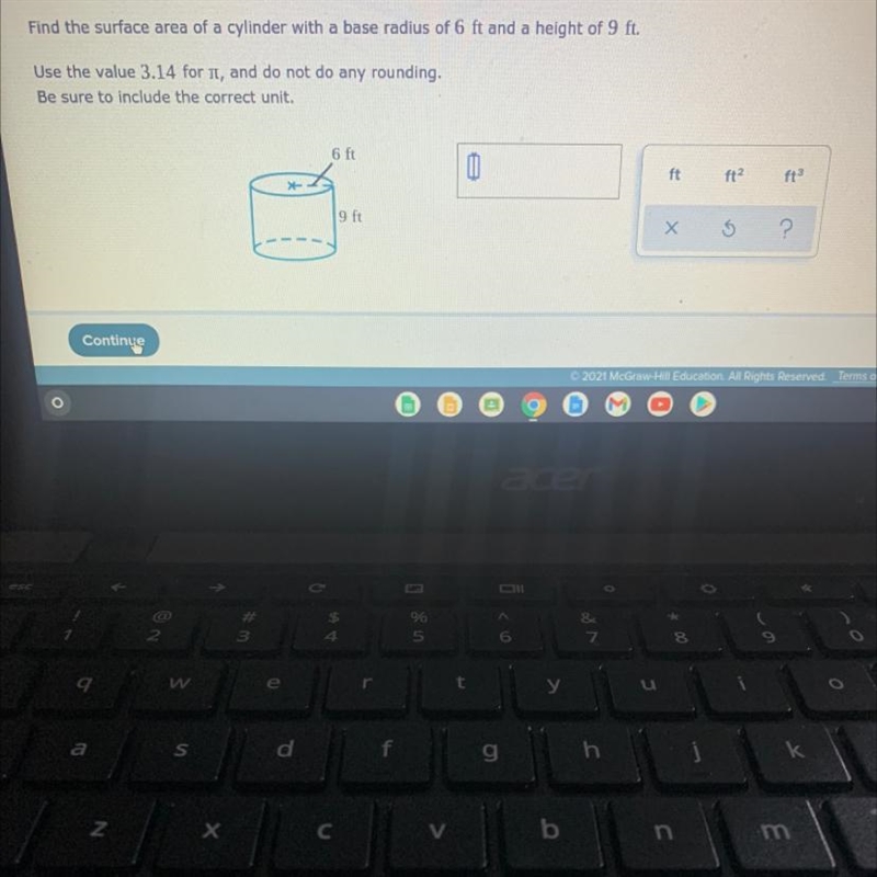 Find the surface area of a cylinder with a base radius of 6 ft and a height of 9 ft-example-1