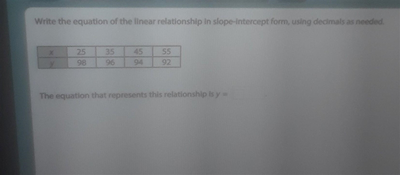 Write the equation of the linear relationship in slope-intercept form, using decimals-example-1