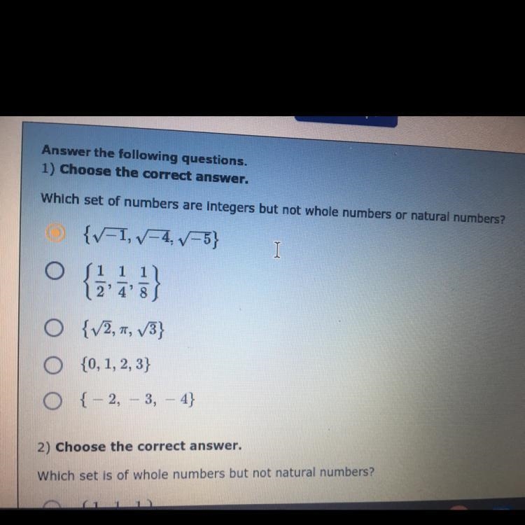 Which set of numbers are integers but not whole numbers or natural numbers?{V1, –4, V-example-1