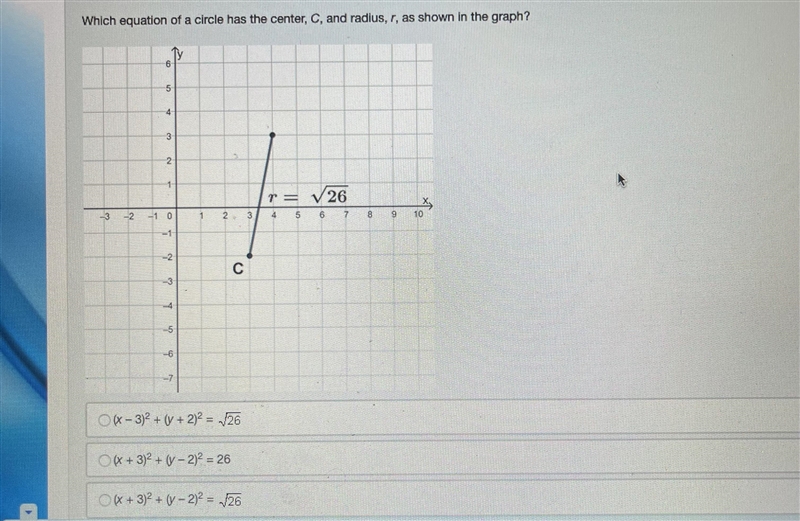 Which equation of a circle has a center C, and radius, r, as shown in the graph? Thanks-example-1