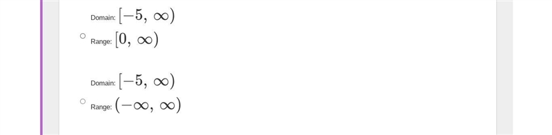 What are the domain and range of the function?f(x)=12x+5−−−−−√ Domain: [0, ∞)Range-example-1