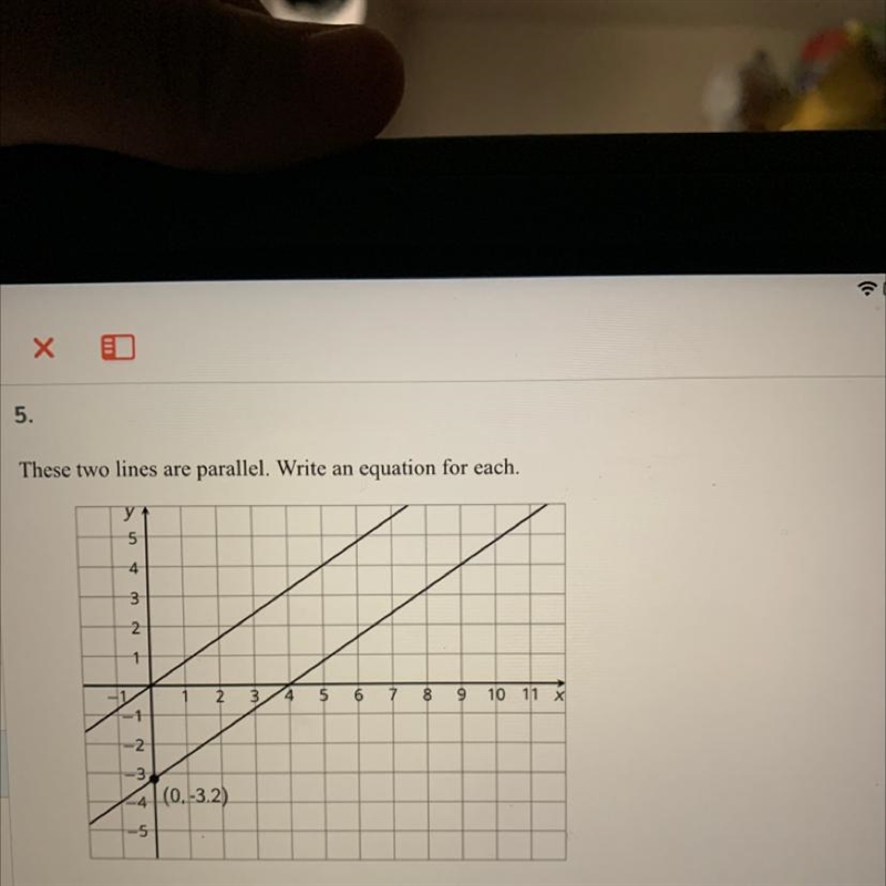 These two lines are parallel. Write an equation for each. УТ y 5 4 3 N 1 2 3 4 5 6 7 8 9 10 11 x-example-1