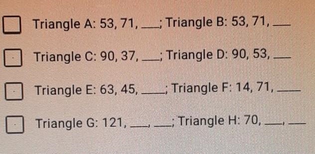 In each pair, some of the angles of two triangles in degrees are given. Use the Information-example-1