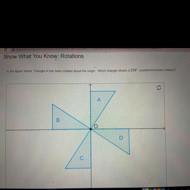 In the figure below, Triangle A has been rotated about the origin. Which triangle-example-1