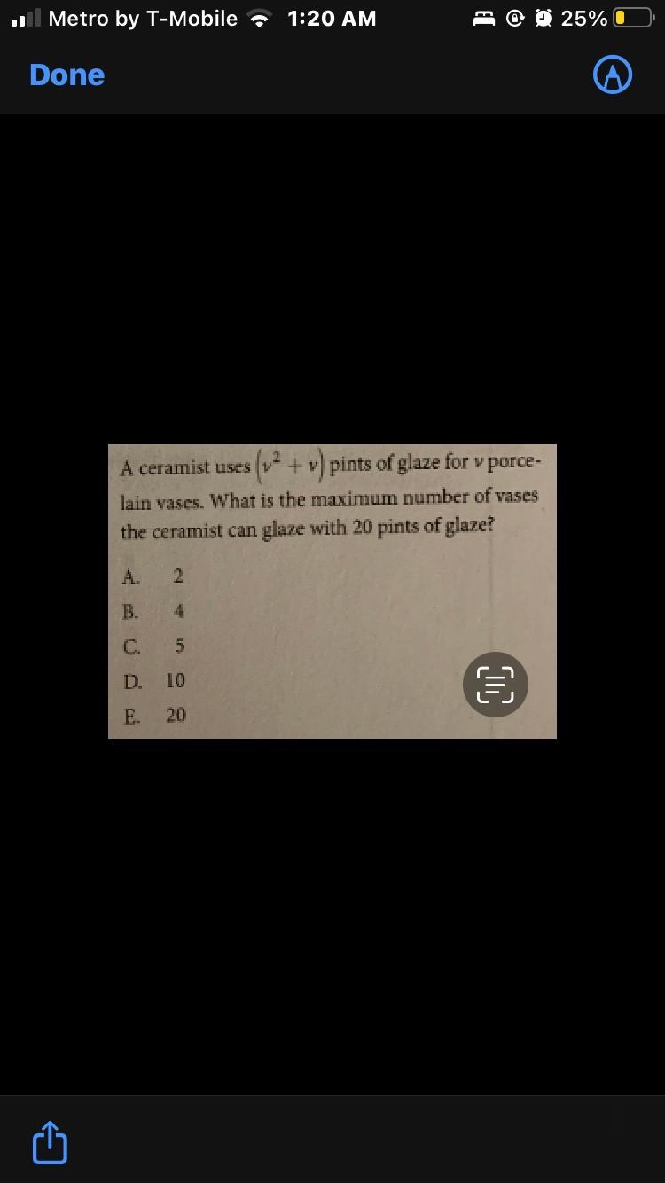 A ceramist uses (² + v) pints of glaze for v porce-lain vases. What is the maximum-example-1