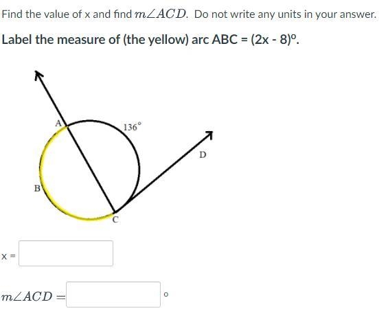 find the value of x and find m angle ACD Do not write any units in your answer. Label-example-1