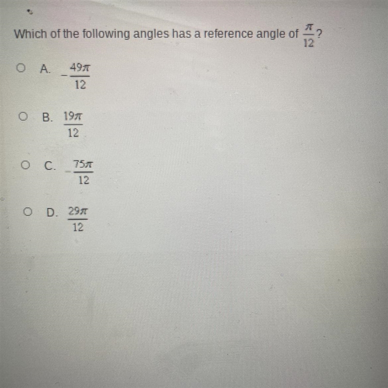 Which of the following angles has a reference angle of pi/12-example-1