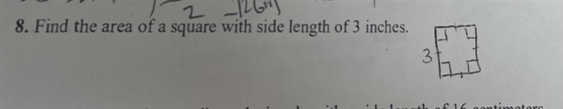 Find the area of a square with side length of 3 inches.-example-1