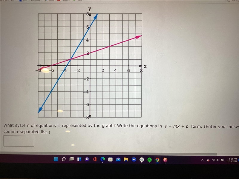 What system of equations is represented by the graph? Write in equations in y=Mx+b-example-1