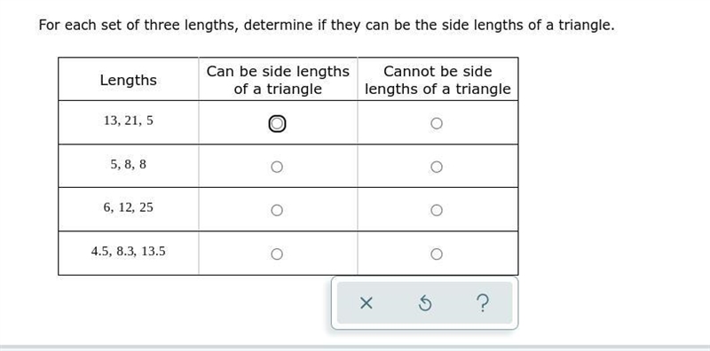 Pls help me For each set of three lengths, determine if they can be the side lengths-example-1