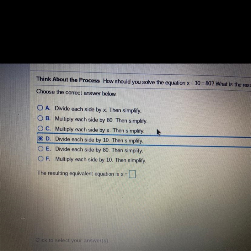 How should you solve the equation x + 10 = 80? What is the resulting equivalent equation-example-1