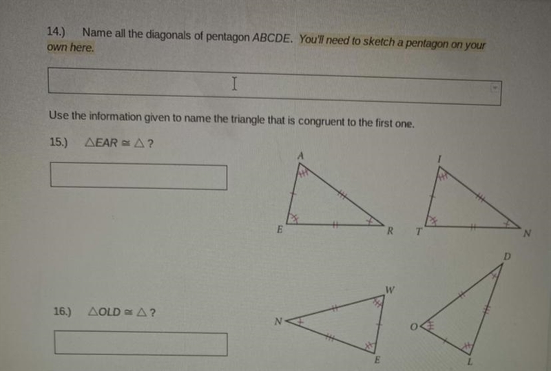 14: Name all the diagonals of pentagon ABCDE(And then I just need help with question-example-1