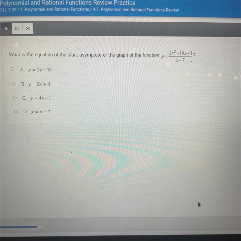 What is the equation of the slant asymptote of the graph of the functiony=2x^2-10x-example-1