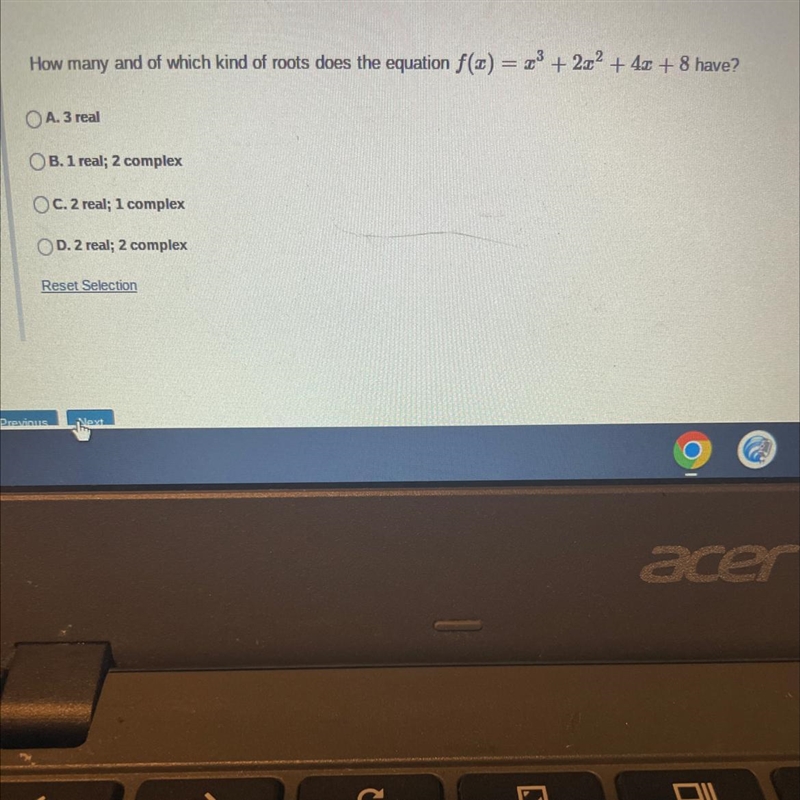 How many and of which kind of roots does the equation f(x) = x³ + 2x² + 4x + 8 have-example-1