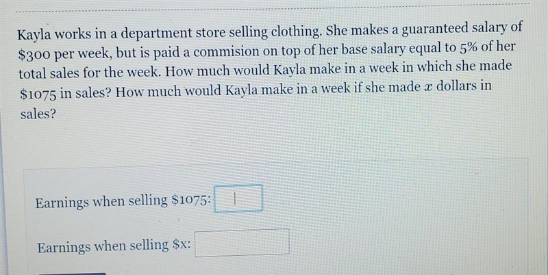 Apr 20, 1:30 Kayla works in a department store selling clothing. She makes a guaranteed-example-1