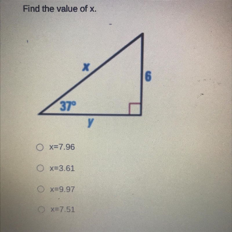 Find the value of x A 7.96 B 3.61 C 9.97 D 7.51-example-1