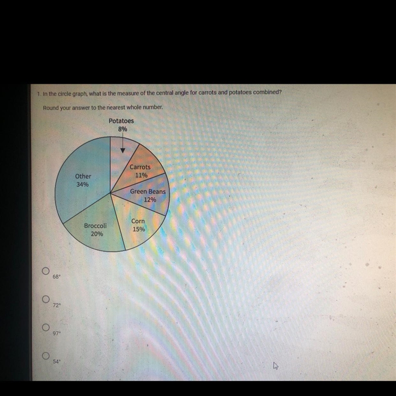 In the circle graph, What is the measure of central angle for carrots and potatoes-example-1