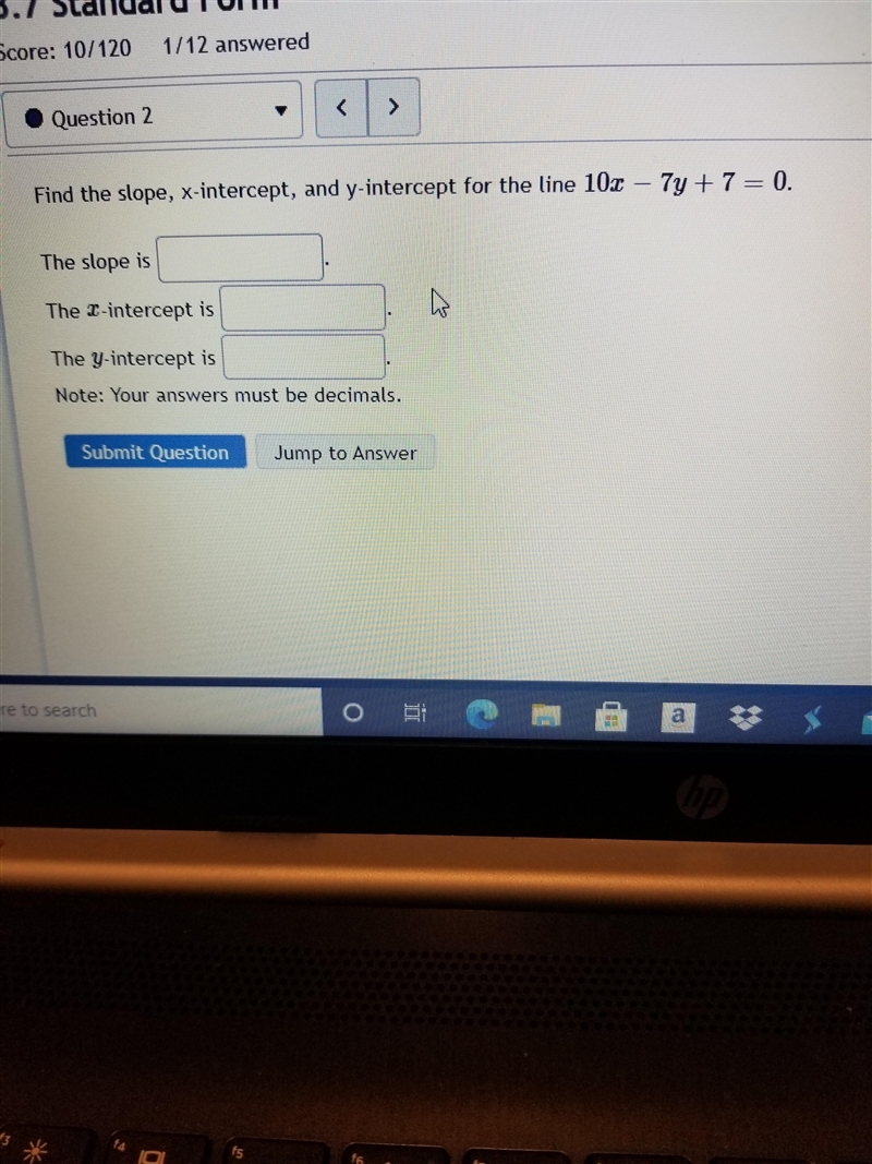 Find the slope, x-intercept, and y-intercept for the line 10x-7y + 7 = 0. The slope-example-1