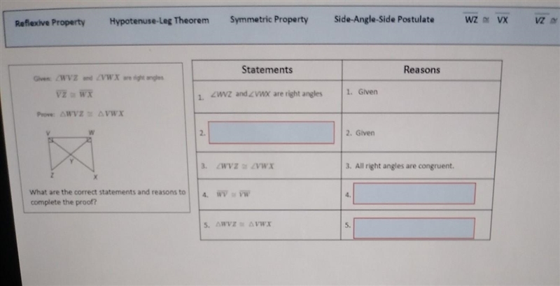 What are the correct statements and reasons to complete the proof ?-example-1