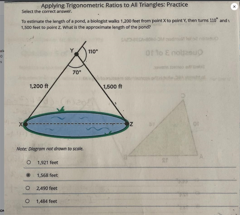 To estimate the length of a pond, a biologist walks 1,200 feet from point X to point-example-1