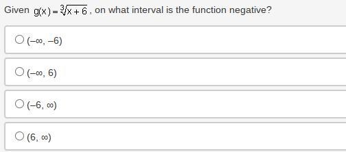 Given g of x equals cube root of the quantity x plus 6, on what interval is the function-example-1