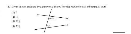 Given lines m and n cut by a transversal below, for what value of x will m be parallel-example-1