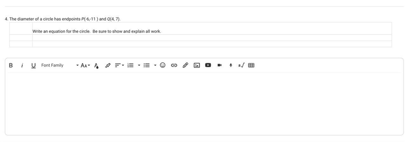 4. The diameter of a circle has endpoints P(-6,-11 ) and Q(4,7).Write an equation-example-1