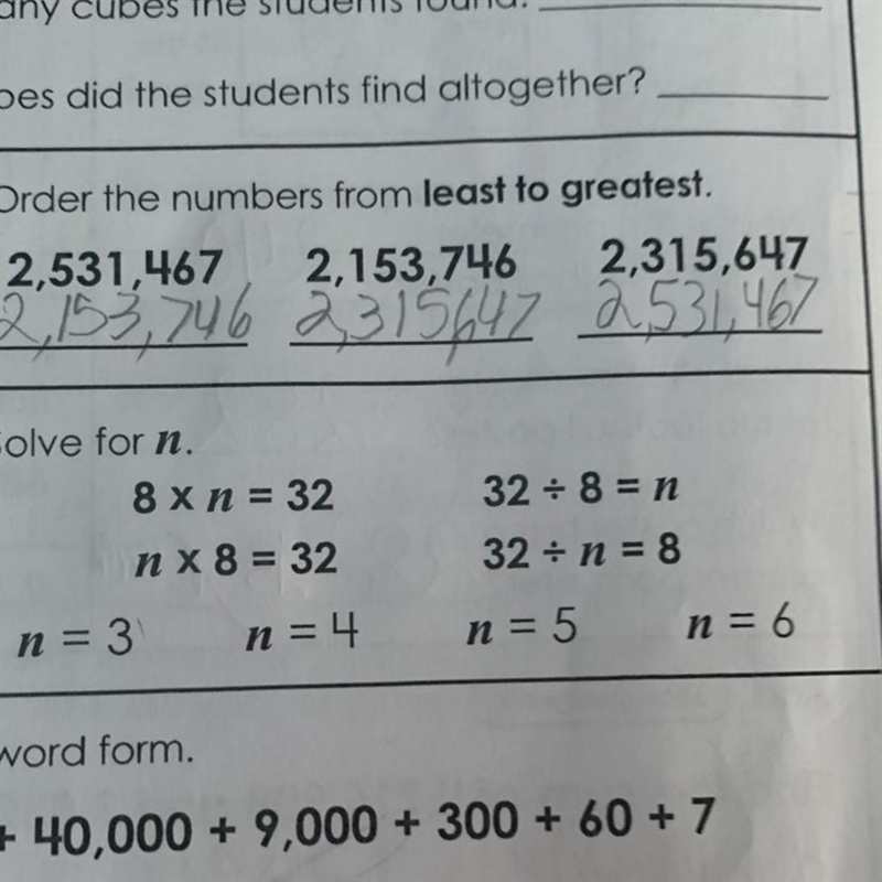 Solve for n. n = 3 8 x n = 32 nx 8 = 32 n = 4 32+8= n 32+ n = 8 n = 5 n = 6-example-1