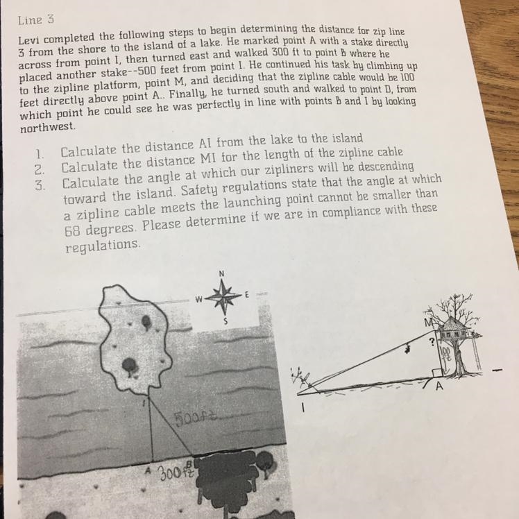 1. AI = 400 ft2. Calculate the distance MI for the length of the zipline cable. 3. Calculate-example-1