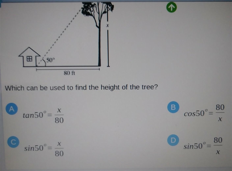 In the figure below, when the sun's angle of elevation is 50 degrees, the trees casts-example-1